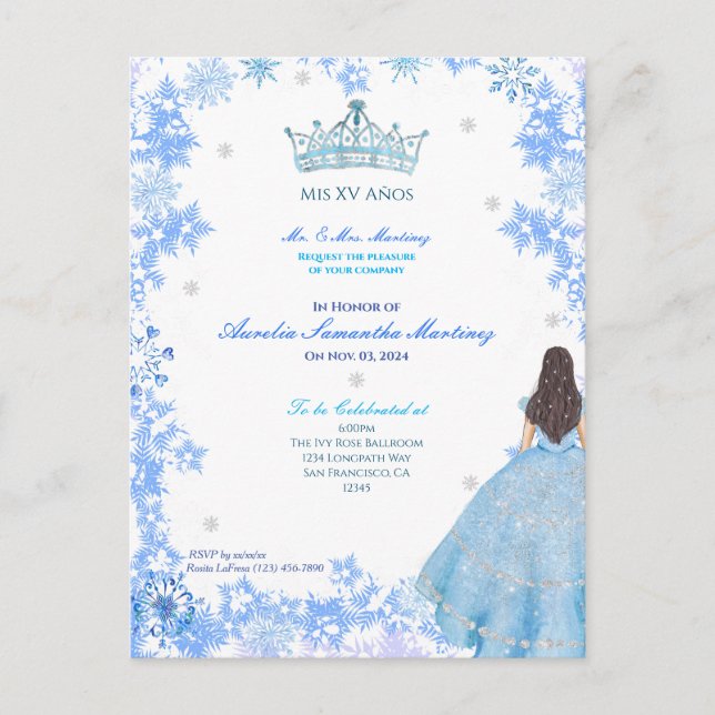 Winter Wonderland Quinceañera Einladung Postkarte (Vorderseite)