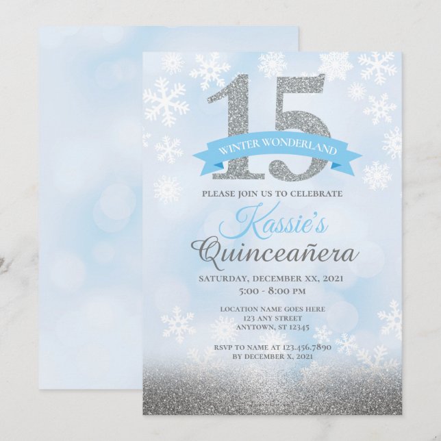 Winter Wonderland Quinceañera Silver Blue Geburtst Einladung (Vorne/Hinten)