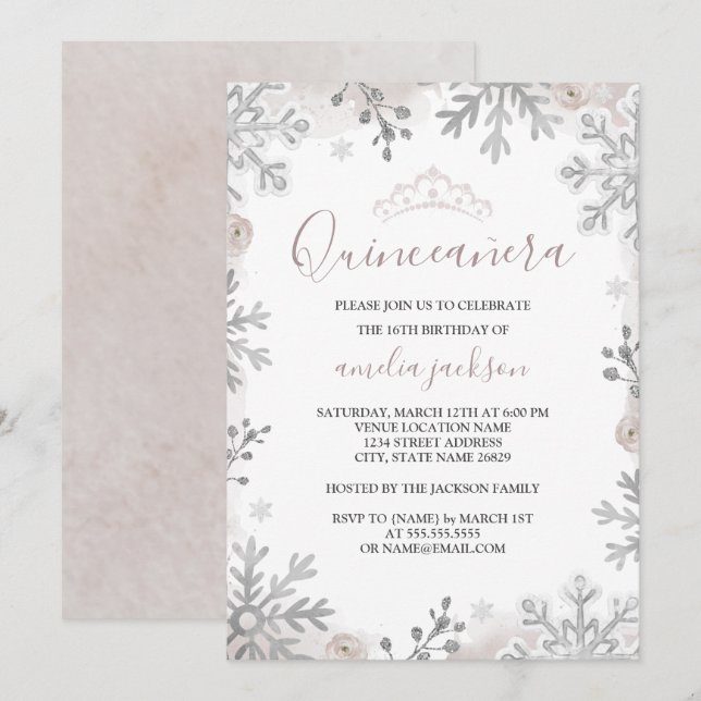 Winter Wonderland Quinceanera Silver Blush Einladung (Vorne/Hinten)