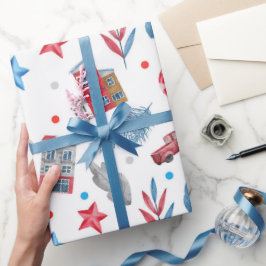 Winter Wonderland Red & Blue Hütte Geschenkpapier