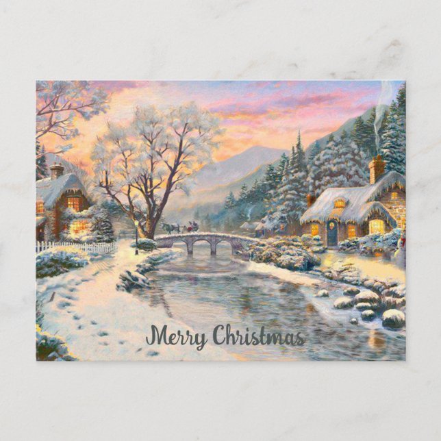 Winter Wonderland Riverside Hütten und verzaubert Postkarte (Vorderseite)