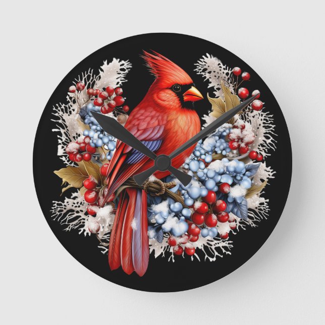 Winter Wonderland Roter Kardinal Runde Wanduhr (Vorderseite)