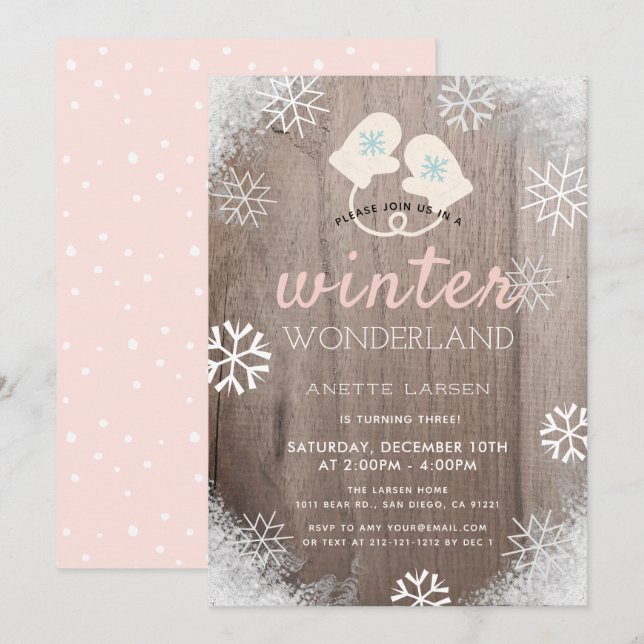 Winter Wonderland Rustikales Mädchen zum Geburtsta Einladung (Vorne/Hinten)