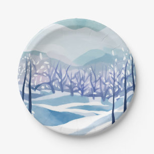 Winter Wonderland Schneeblaue Aquarellmalerei Pappteller