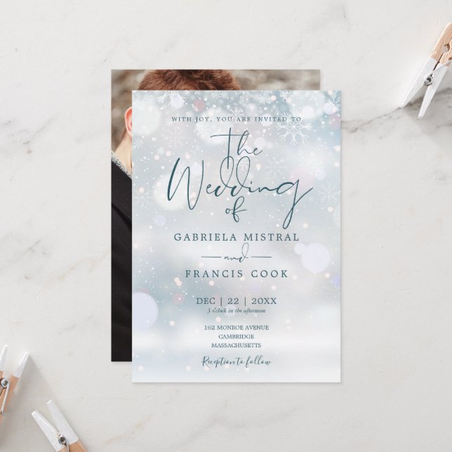 Winter Wonderland Script Snow Foto Hochzeit Einladung (Vorderseite/Rückseite Beispiel)