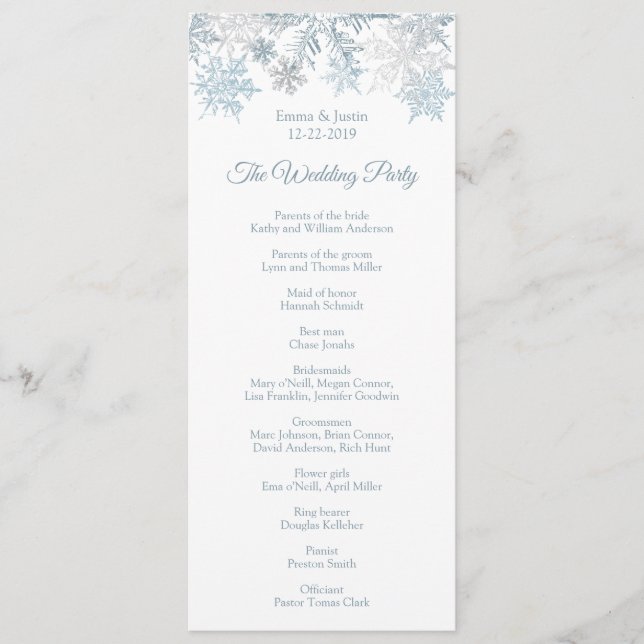 Winter Wonderland Silver Blue Snowflakes Hochzeit Programm (Vorderseite)