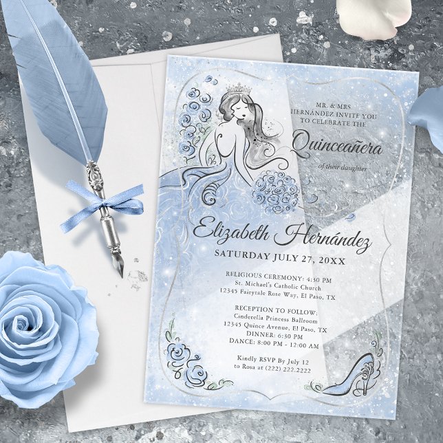 Winter Wonderland Silver Light Blue Quinceanera Acryleinladungen (Winter wonderland quinceanera acrylic 
 invitations that'll bring fairy tale magic to your big day!)