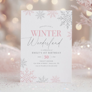 Winter Wonderland Silver Pink Glitter 1st Birthday Einladung