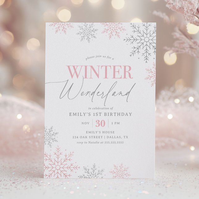 Winter Wonderland Silver Pink Glitter 1st Birthday Einladung (Von Creator hochgeladen)