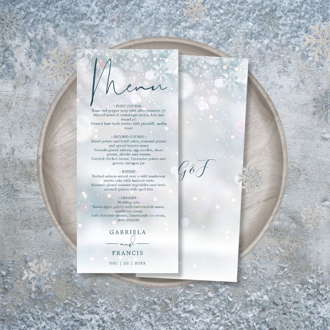 Winter Wonderland Snow Hochzeitessen Menükarte (Winter Wonderland Snow Wedding Dinner Menu)