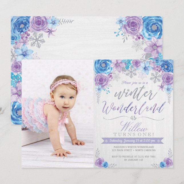 Winter Wonderland Snowflake Birthday Invitation Einladung (Vorne/Hinten)