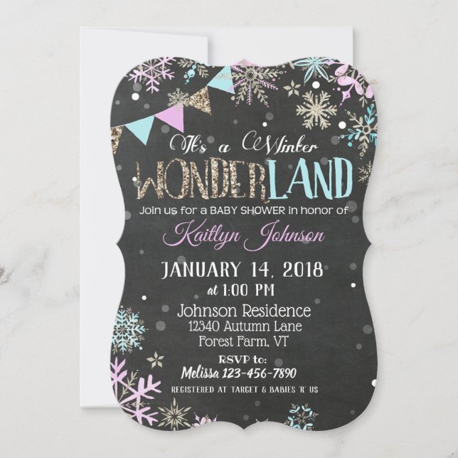 Winter Wonderland Snowflake Chalkboard Babydusche Einladung (Vorderseite)