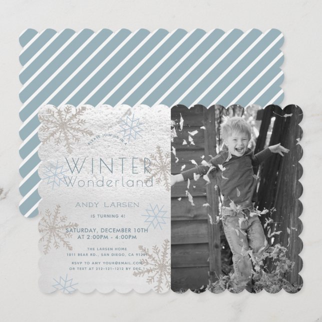 Winter Wonderland Snowflakke Blaues Foto Geburtsta Einladung (Vorne/Hinten)