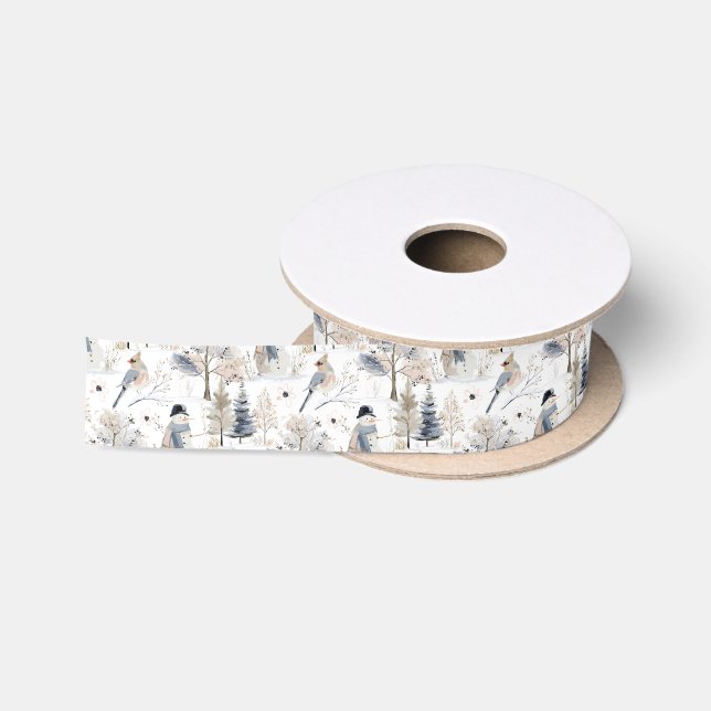 Winter Wonderland Snowman and Bird Pattern Satinband (Spule)