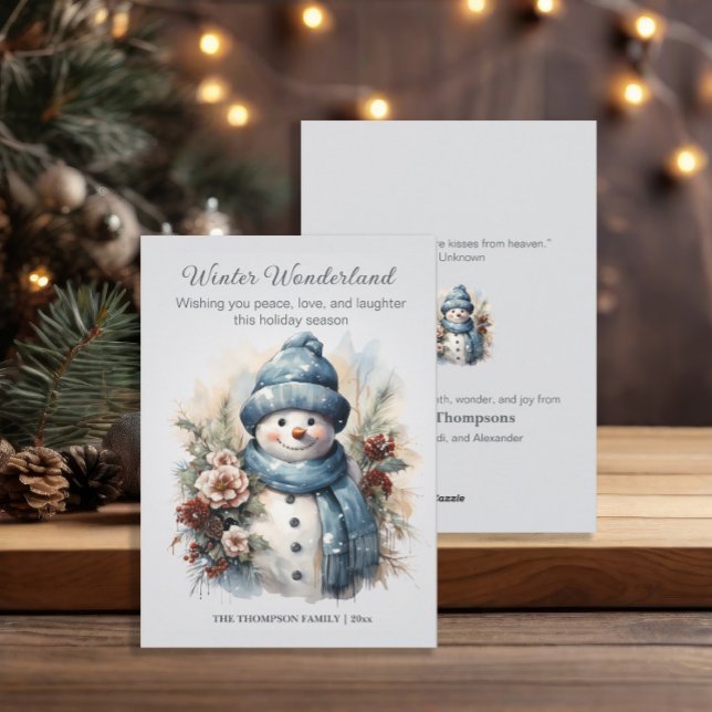 Winter Wonderland Snowman Dusty Blue Feiertagskarte (Snowman Winter Wonderland custom Christmas greeting card )