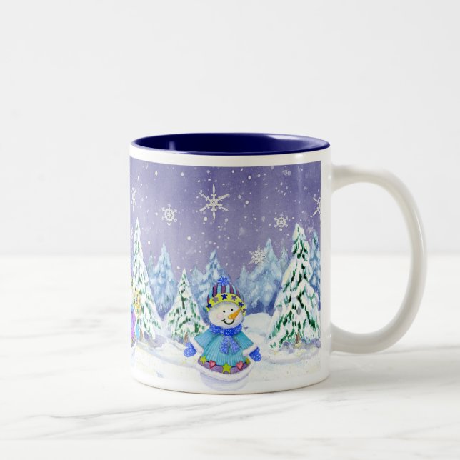 Winter Wonderland Snowman Pine Trees Kaffee Cup Zweifarbige Tasse (Rechts)