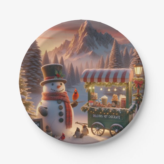 Winter Wonderland Snowman's Hot Chocolate Cart Pappteller (Vorderseite)