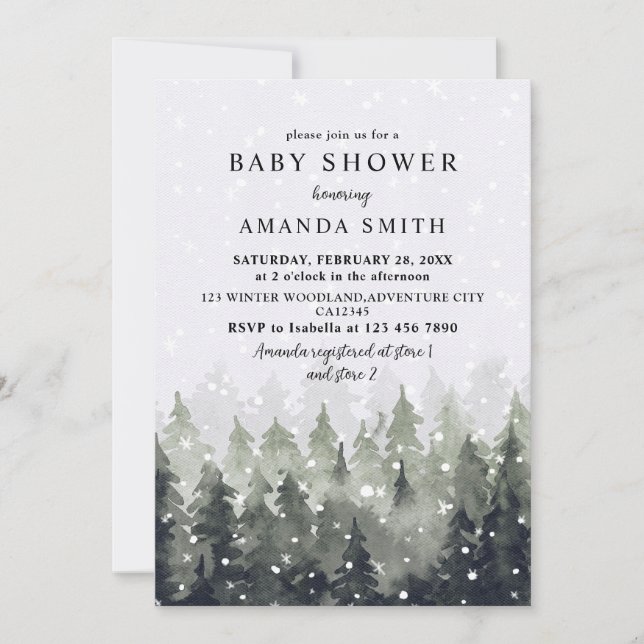 Winter Wonderland Snowy Forest Baby Shower Einladung (Vorderseite)
