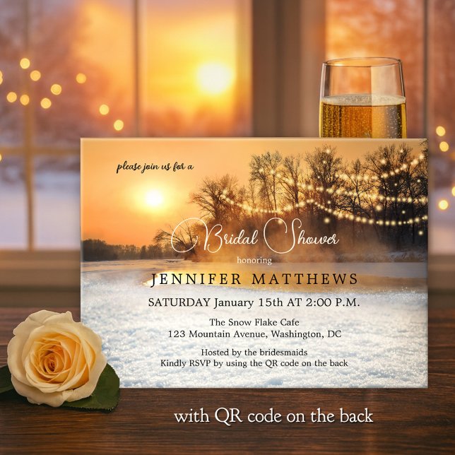 Winter Wonderland String Lights QR Brautparty Einladung (Bridal shower invitation showing a winter wonderland at sunset with sparkling snow and string lights)