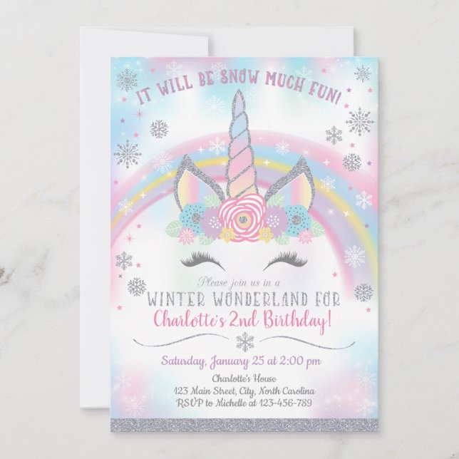 Winter Wonderland Unicorn Anniversaire Invitation (Devant)