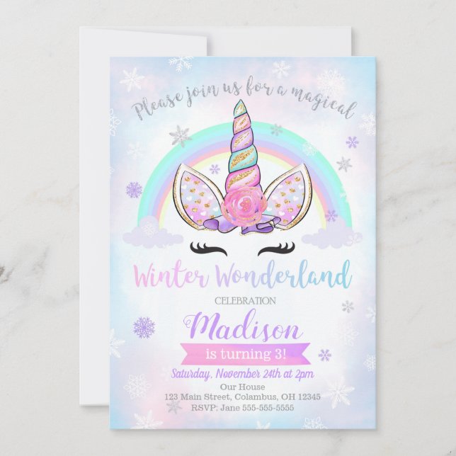 Winter Wonderland Unicorn Einladung zum Geburtstag (Vorderseite)