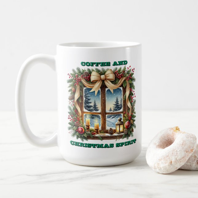 Winter Wonderland View durch ein dekoriertes Fenst Kaffeetasse (Mit Donut)