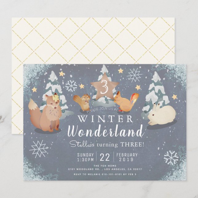 Winter Wonderland Waldtiere Geburtstag Einladung (Vorne/Hinten)
