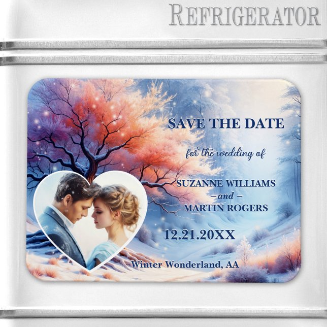 Winter Wonderland Wedding Foto Save the Date Magnet (Save the Date magnet featuring a painting of a tree with tiny snow flakes and custom heart photo)