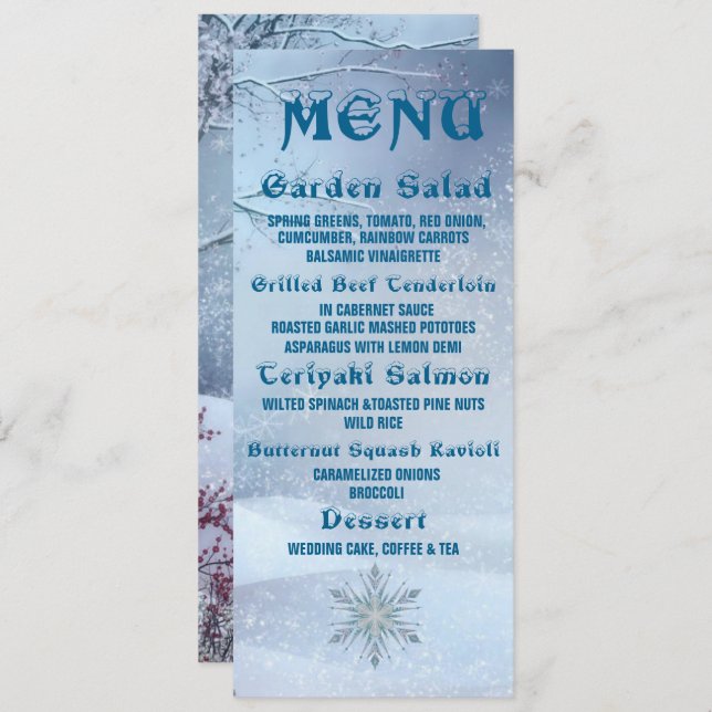 Winter Wonderland Wedding Menu Einladung (Vorne/Hinten)
