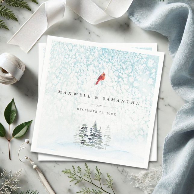 Winter Wonderland Wedding Serviette (Personalized winter wedding napkins watercolor country pine trees and snow in shades of blue)