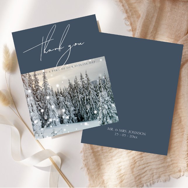 Winter Wonderland Woodland Snow Script Hochzeit Dankeskarte (Winter Wonderland Woodland Snow Script Wedding Thank You Card)