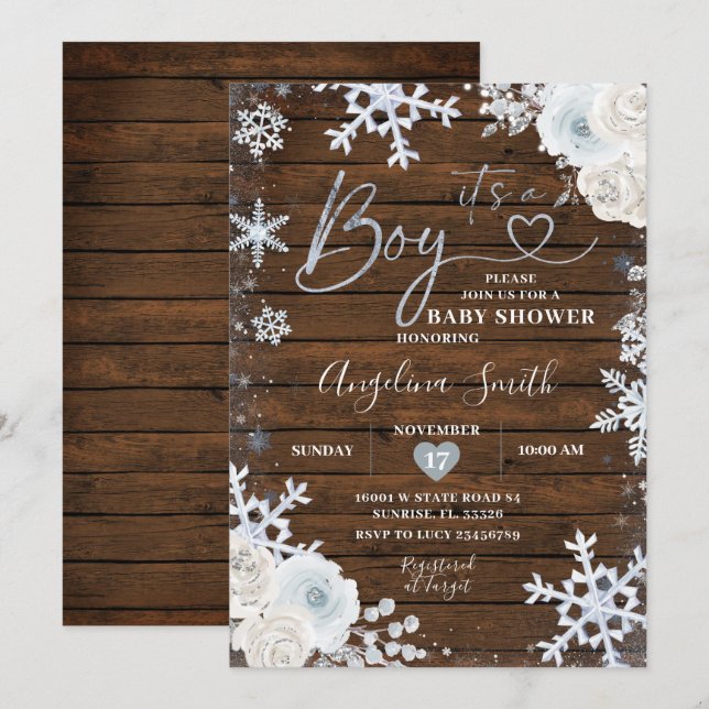 Winter Wood Blue Snowflake Floral Baby Dusche Einladung (Vorne/Hinten)