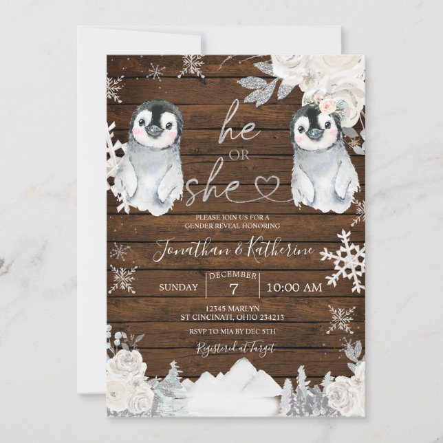 Winter Wood Pinguin Gender-Offenlegung Er oder sie Einladung (Vorderseite)
