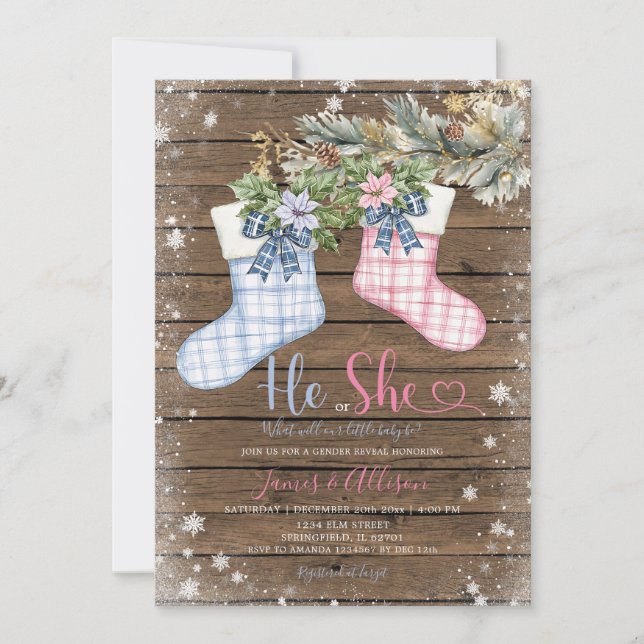 Winter Wood Weihnachtssocken Gender Reveal Einladung (Vorderseite)