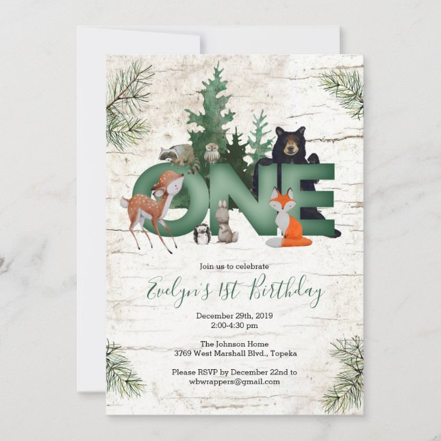 Winter Woodland 1er anniversaire Fête Invitation (Devant)