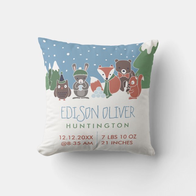 Winter Woodland Animals Baby Birth Stats Kissen (Vorderseite)