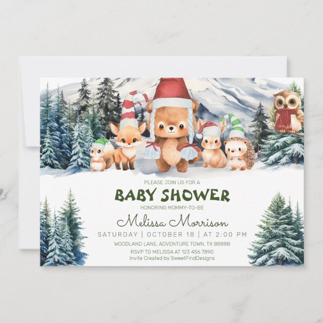 Winter Woodland Animals Baby Boy Dusche Einladung (Vorderseite)