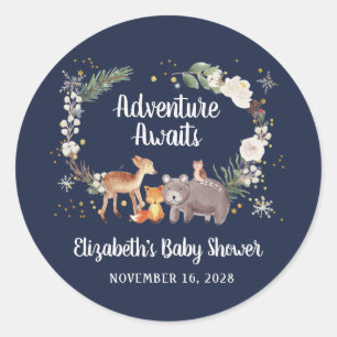 Winter Woodland Animals Baby Dusche blau Runder Aufkleber