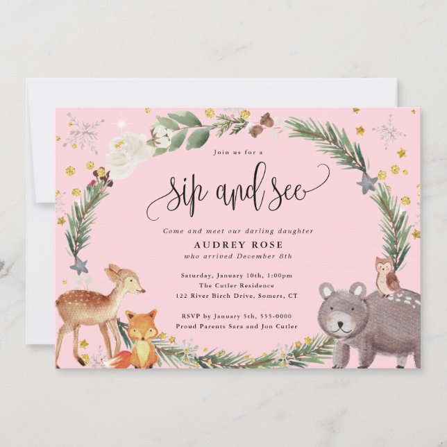 Winter Woodland Animals Baby Girl Sip und sehen Pi Einladung (Vorderseite)