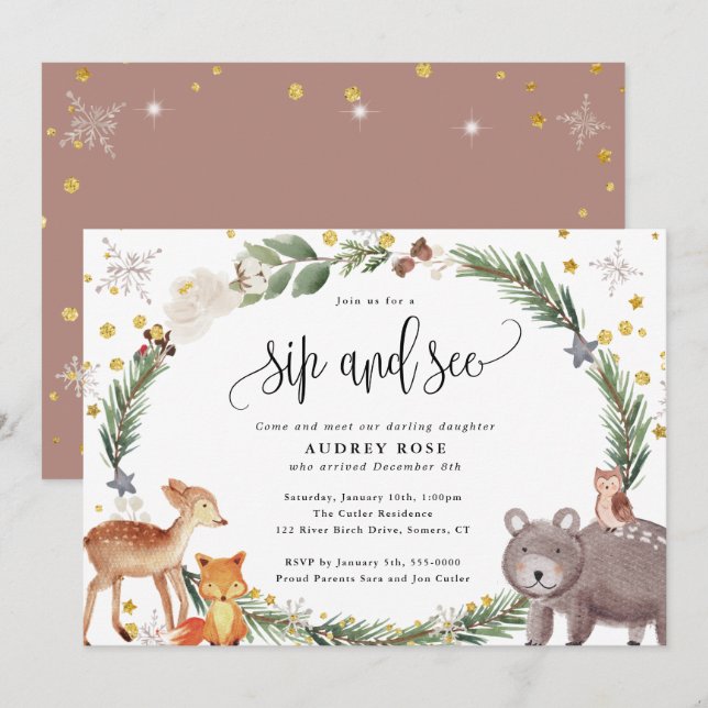 Winter Woodland Animals Baby Sip and See Einladung (Vorne/Hinten)