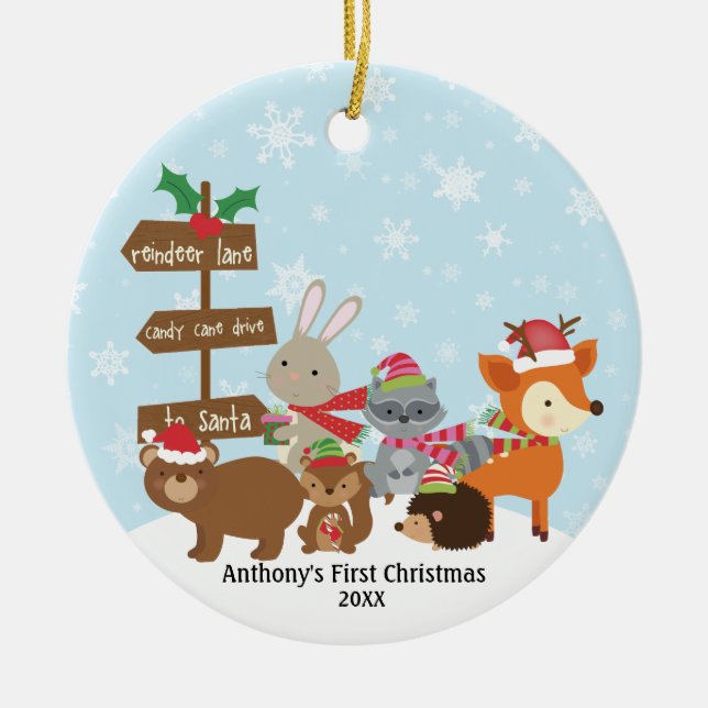 Winter Woodland Animals Baby's First Christmas Keramik Ornament (Vorne)