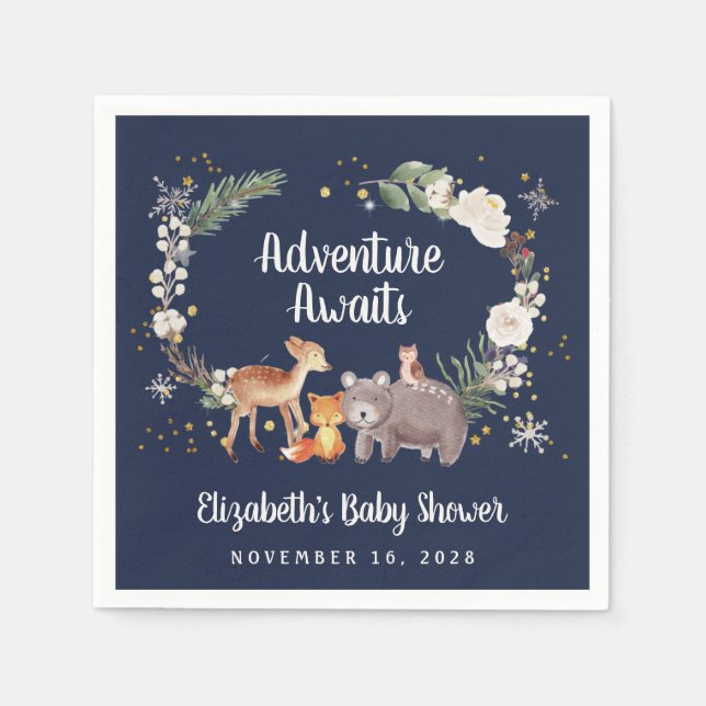 Winter Woodland Animals Blue Baby Dusche Serviette (Vorderseite)