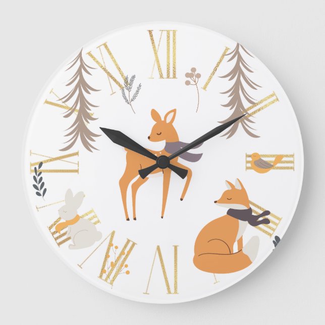 Winter Woodland Animals Folk Art Weihnachten Große Wanduhr (Vorderseite)