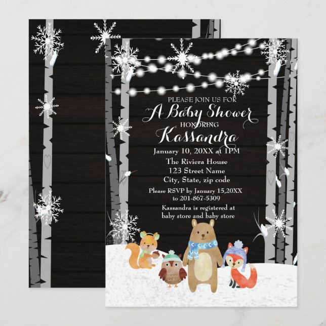 Winter Woodland Animals Forest Baby Showcard Einladung (Vorne/Hinten)