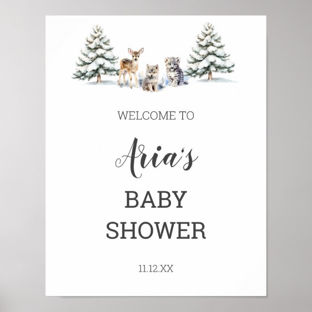 Winter Woodland Animals Kinderdusche Begrüßungszei Poster (Vorne)