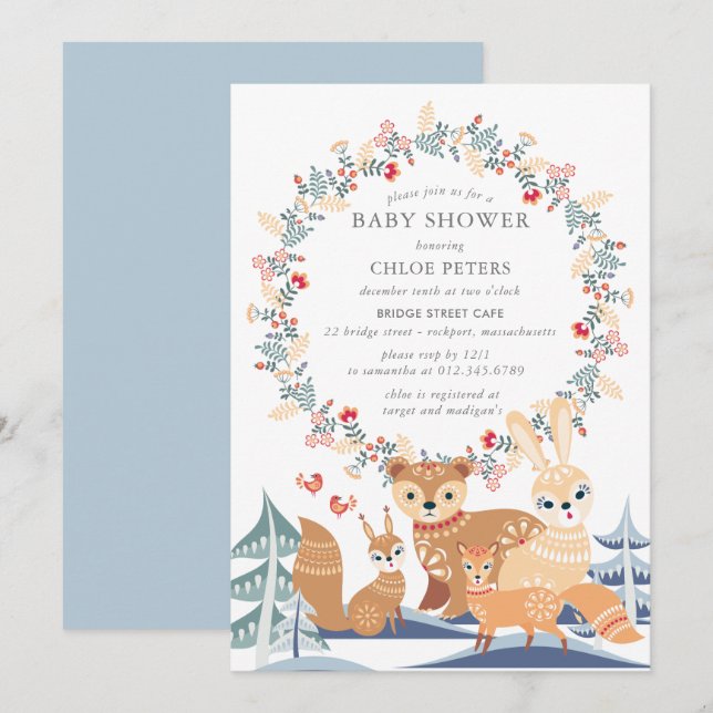 Winter Woodland Animals Kinderdusche Einladung (Vorne/Hinten)
