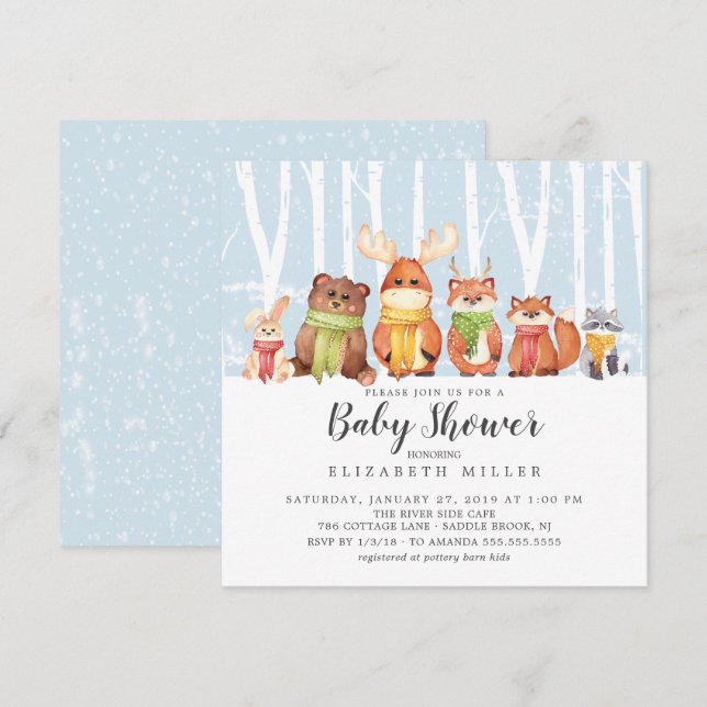 Winter Woodland Animals Kinderdusche Einladung (Vorne/Hinten)