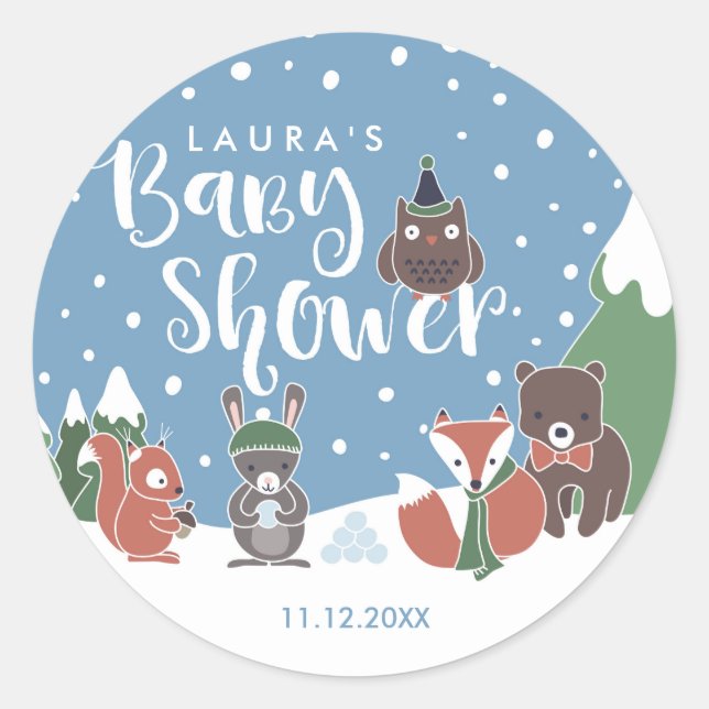 Winter Woodland Animals Kinderdusche Runder Aufkleber (Vorderseite)