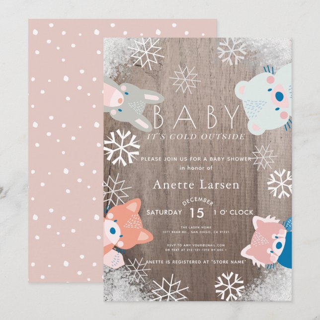 Winter Woodland Animals Snowflake Pink Baby Dusche Einladung (Vorne/Hinten)