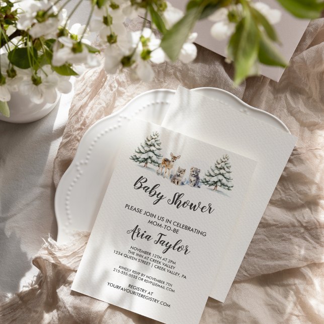 Winter Woodland Animals|White Baby Dusche Einladung (Von Creator hochgeladen)